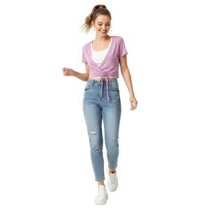 Shein Pink Tie Front Wrap Crop Top Medium